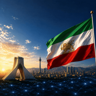 Tehran skyline, Azadi Tower, Milad Tower and Lion and Sun flag